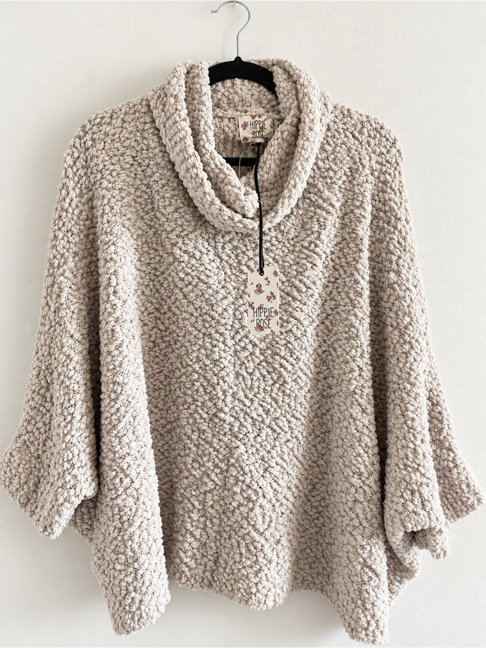 Hippie Rose Cream Textured Cowl Neck Poncho Sweater